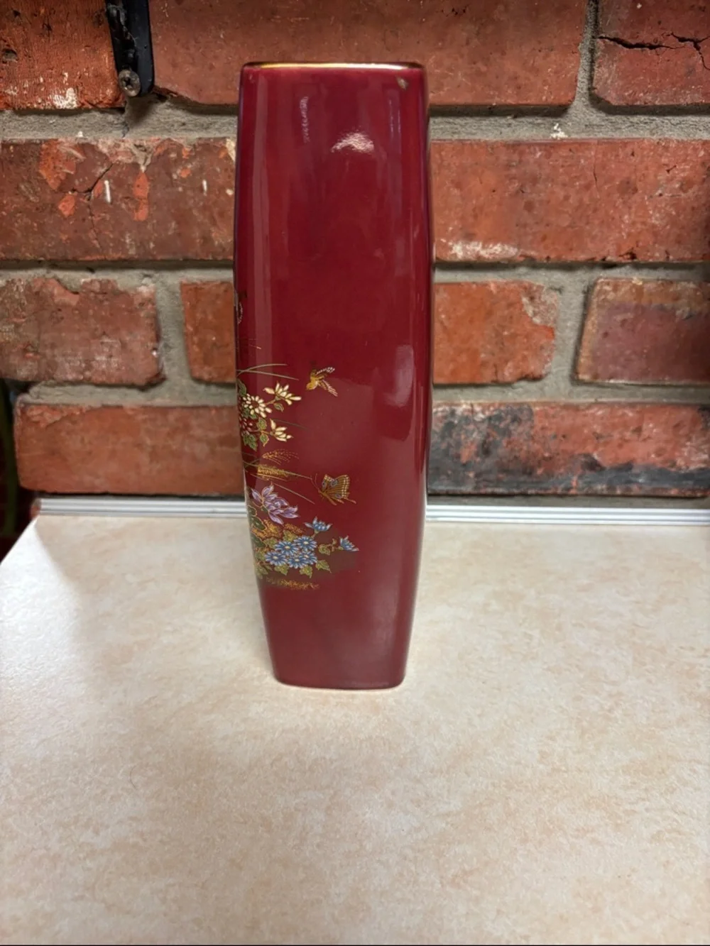 Made In Japan MCI Gilded Vase Burgundy With  Flowers/Birds/Butterflies